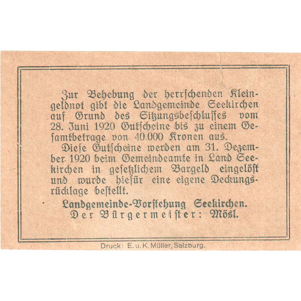 Autriche, Seekirchen, 20 Heller, 1920-12-31, SPL