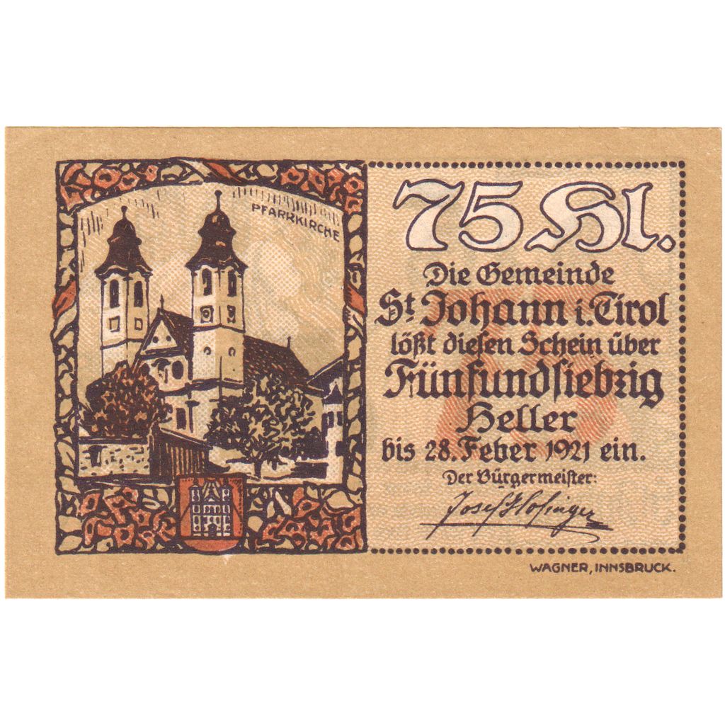 Austria, St Johann in Tirol, 75 Heller, 1921-01-31, AU(55-58)