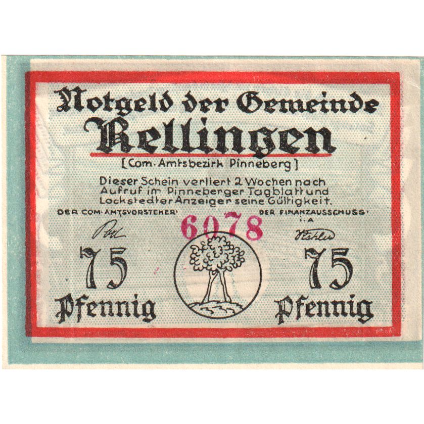 Niemcy, Rellingen, 75 Pfennig, UNC(63)