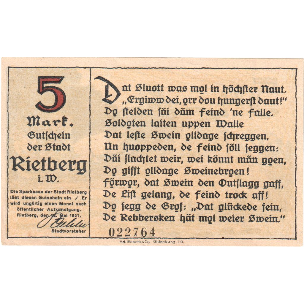 Alemania, Rietberg, 5 Mark, 1921-05-12, SC
