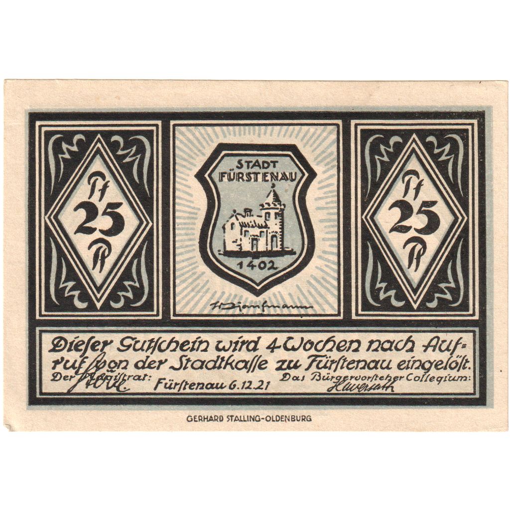 Alemania, Furstenau, 25 Pfennig, 1921-12-06, EBC