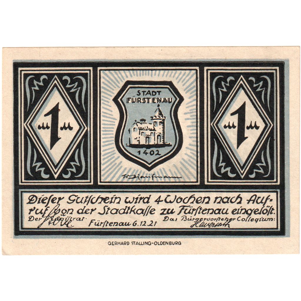 Niemcy, Furstenau, 1 Mark, 1921-12-06, UNC(63)