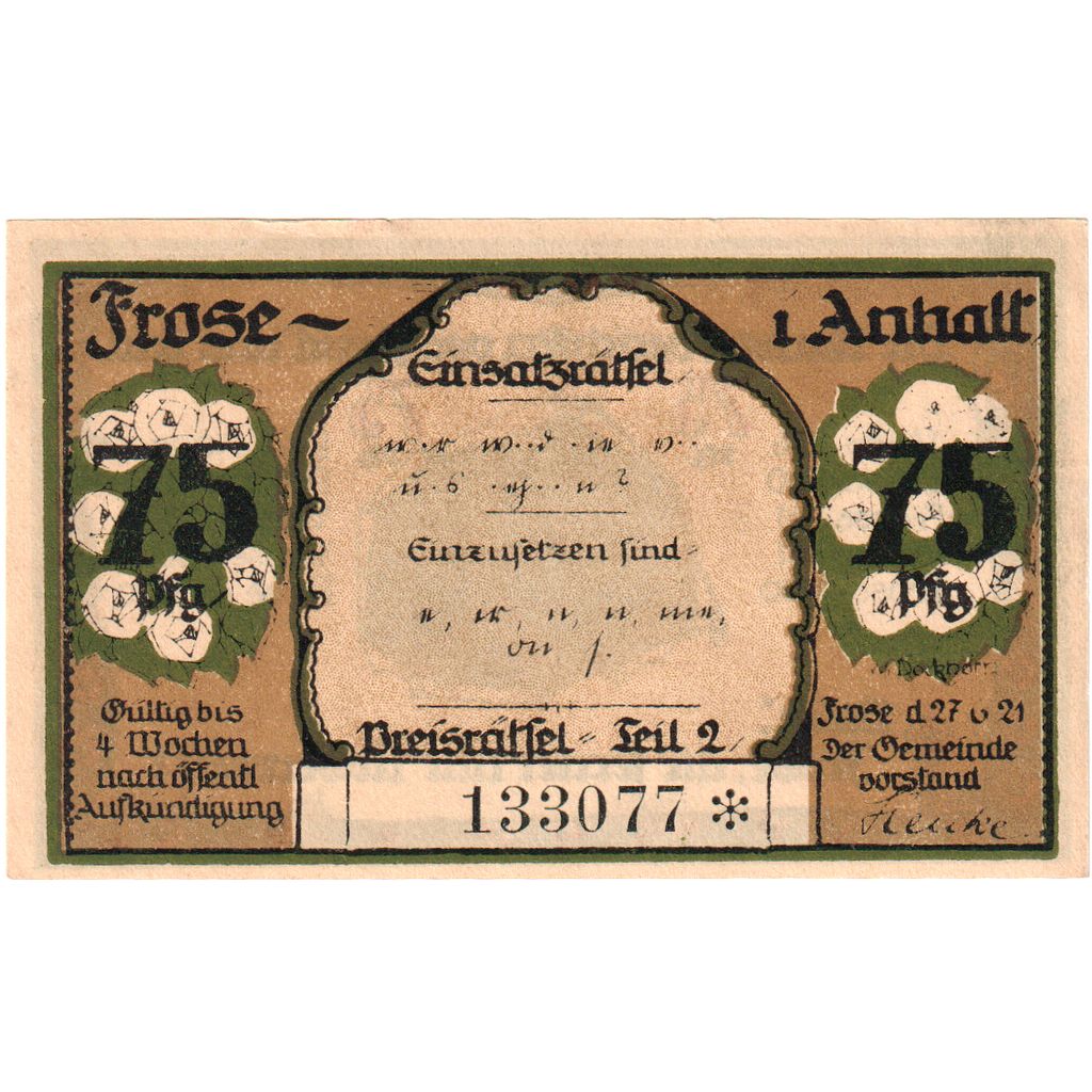 Alemania, Frose in Anhalt, 75 Pfennig, 1921-06-27, SC