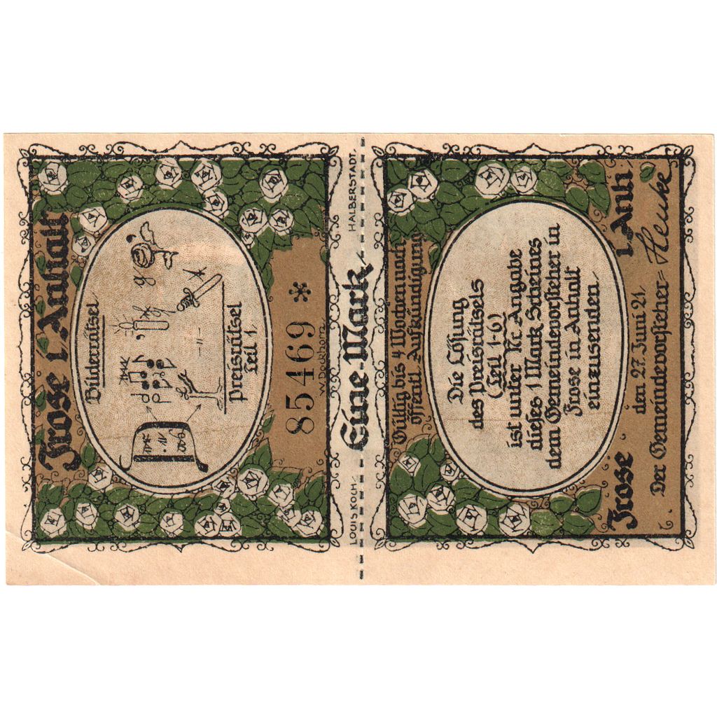 Alemania, Frose in Anhalt, 1 Mark, 1921-06-27, SC