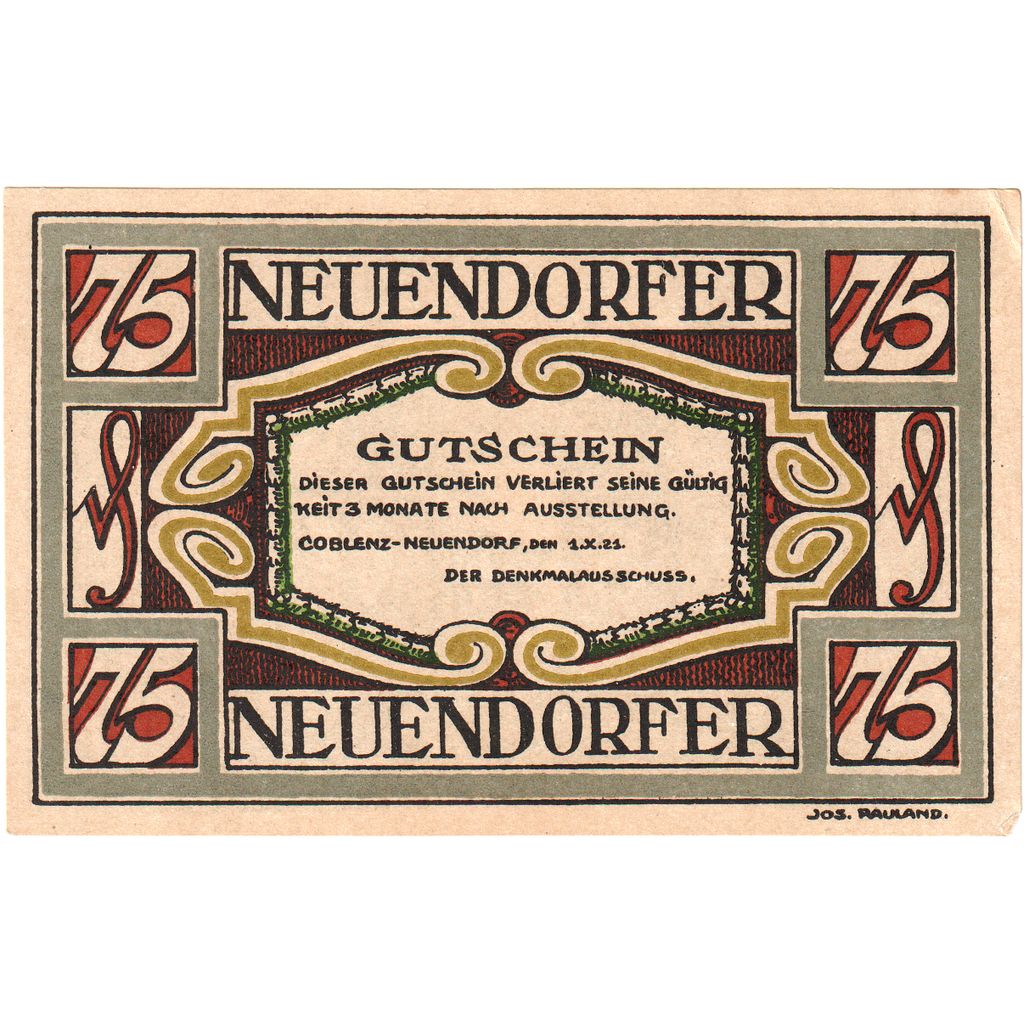 Deutschland, Coblenz - Neuendorf, 75 Pfennig, 1921-10-01, UNZ-