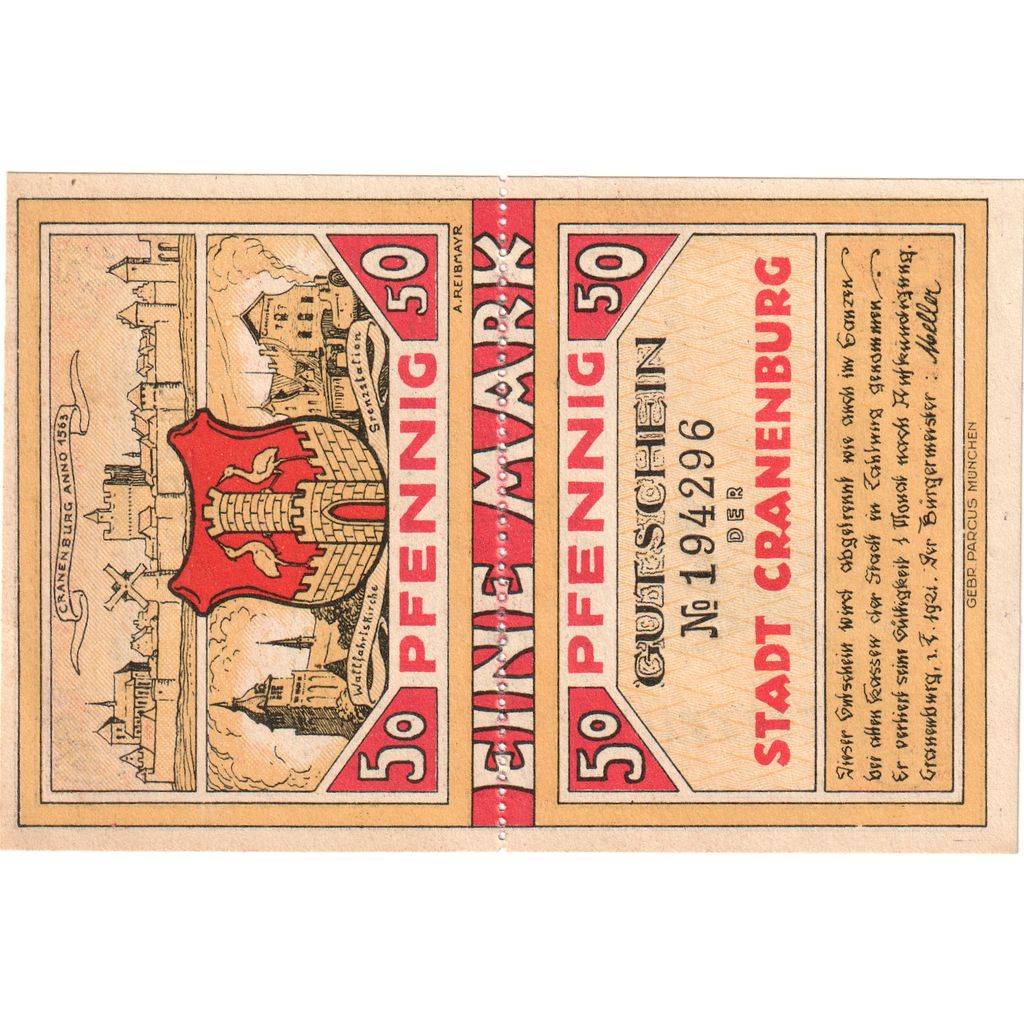 Alemania, Cranenburg, 1 Mark, 1921-02-01, SC