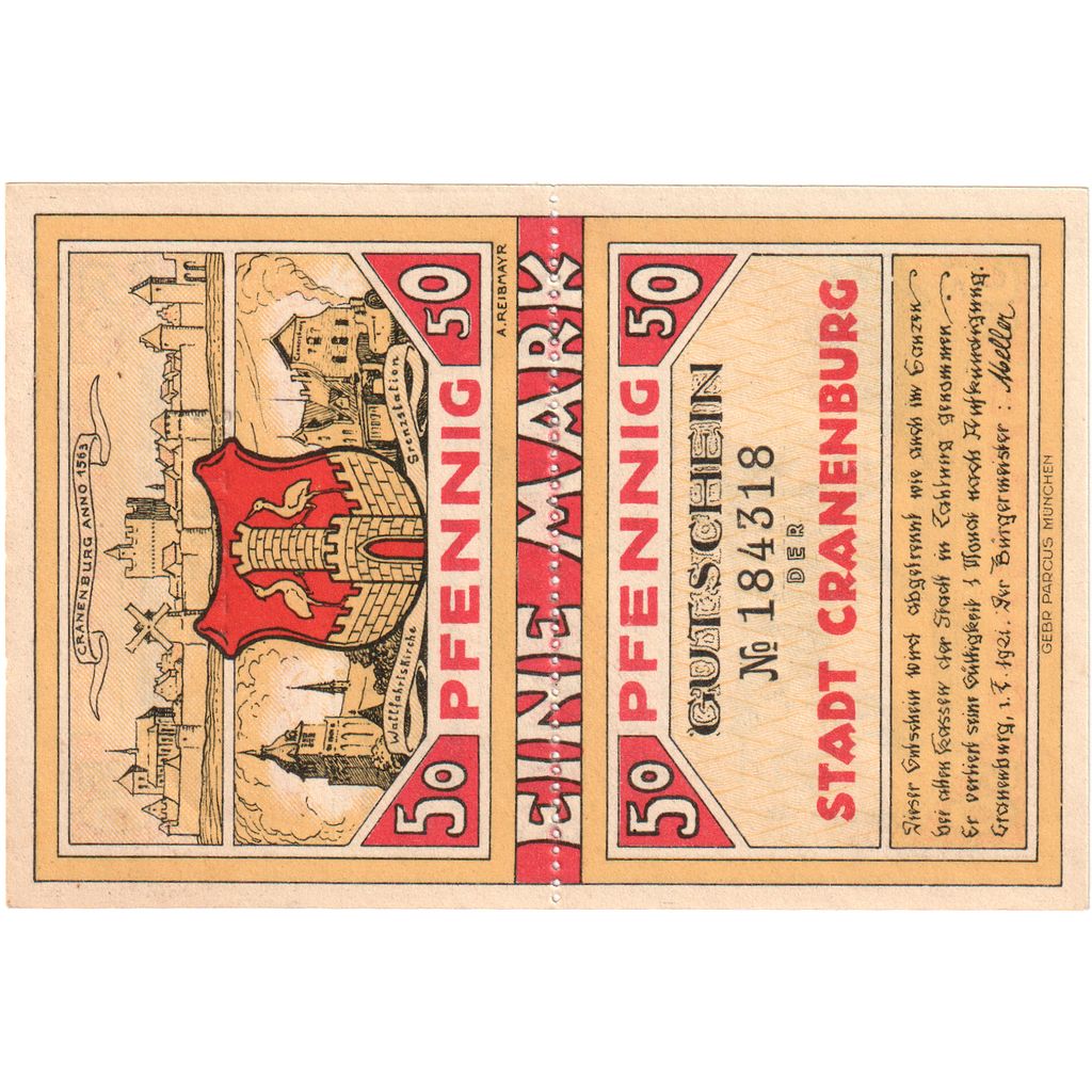 Alemania, Cranenburg, 1 Mark, 1921-02-01, SC