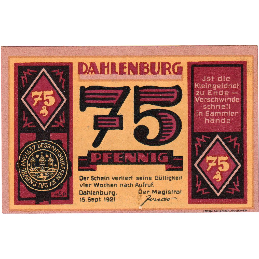Alemania, Dahlenburg, 75 Pfennig, 1921-09-15, SC