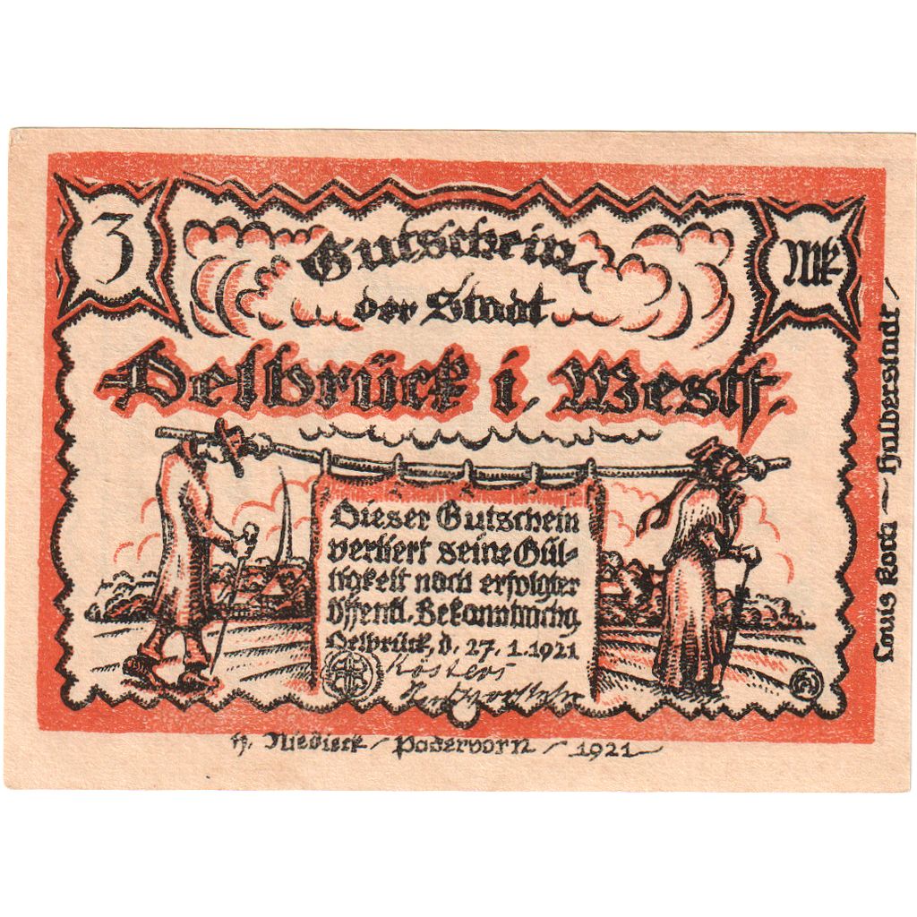 Germany, Delbruck, 3 Mark, 1921-01-27, UNC(63)