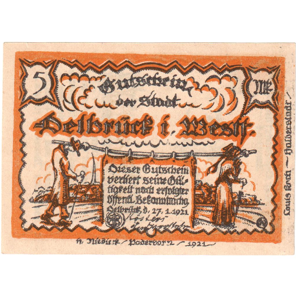 Alemania, Delbruck, 5 Mark, 1921-01-27, SC