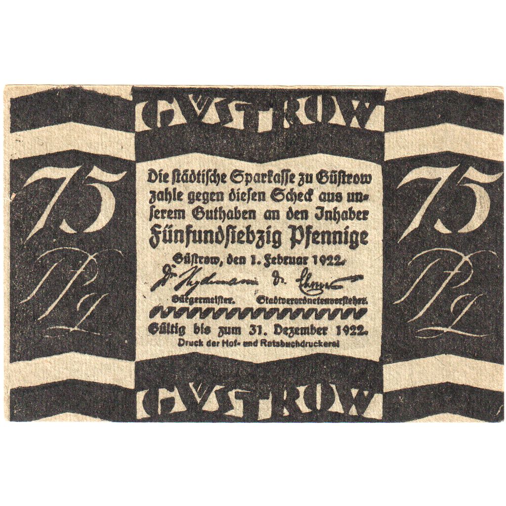Alemania, Gustrow, 75 Pfennig, 1922-12-31, SC