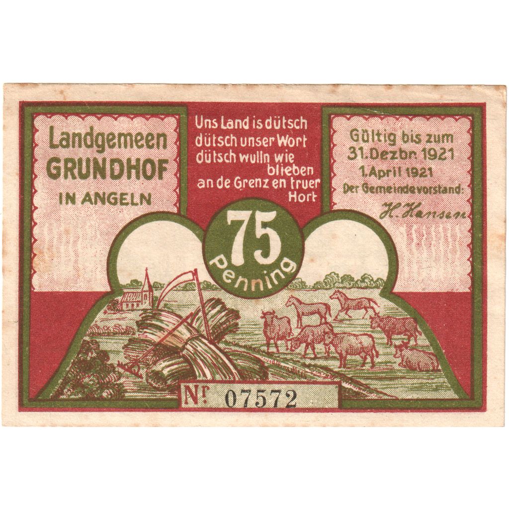 Duitsland, Grundhof in Angeln, 75 Pfennig, 1921-12-31, SUP