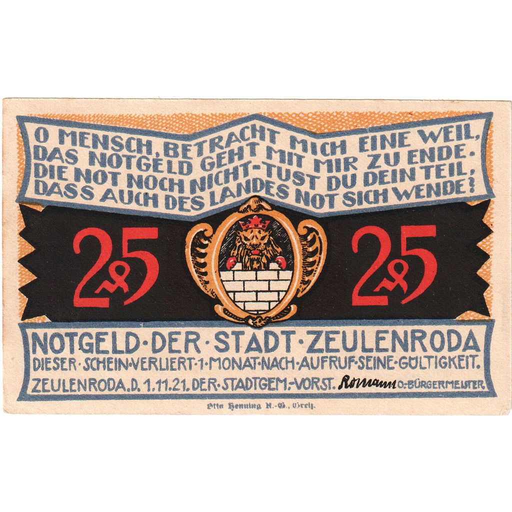Alemania, Zeulenroda, 25 Pfennig, 1921-11-01, SC
