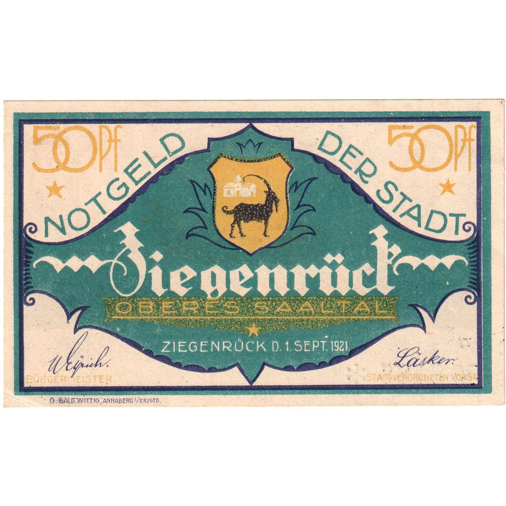 Niemcy, Ziegenrück, 50 Pfennig, 1921-09-01, UNC(63)