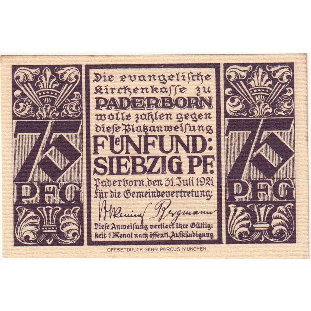 Alemania, Paderborn, 75 Pfennig, 1921-07-31, EBC+