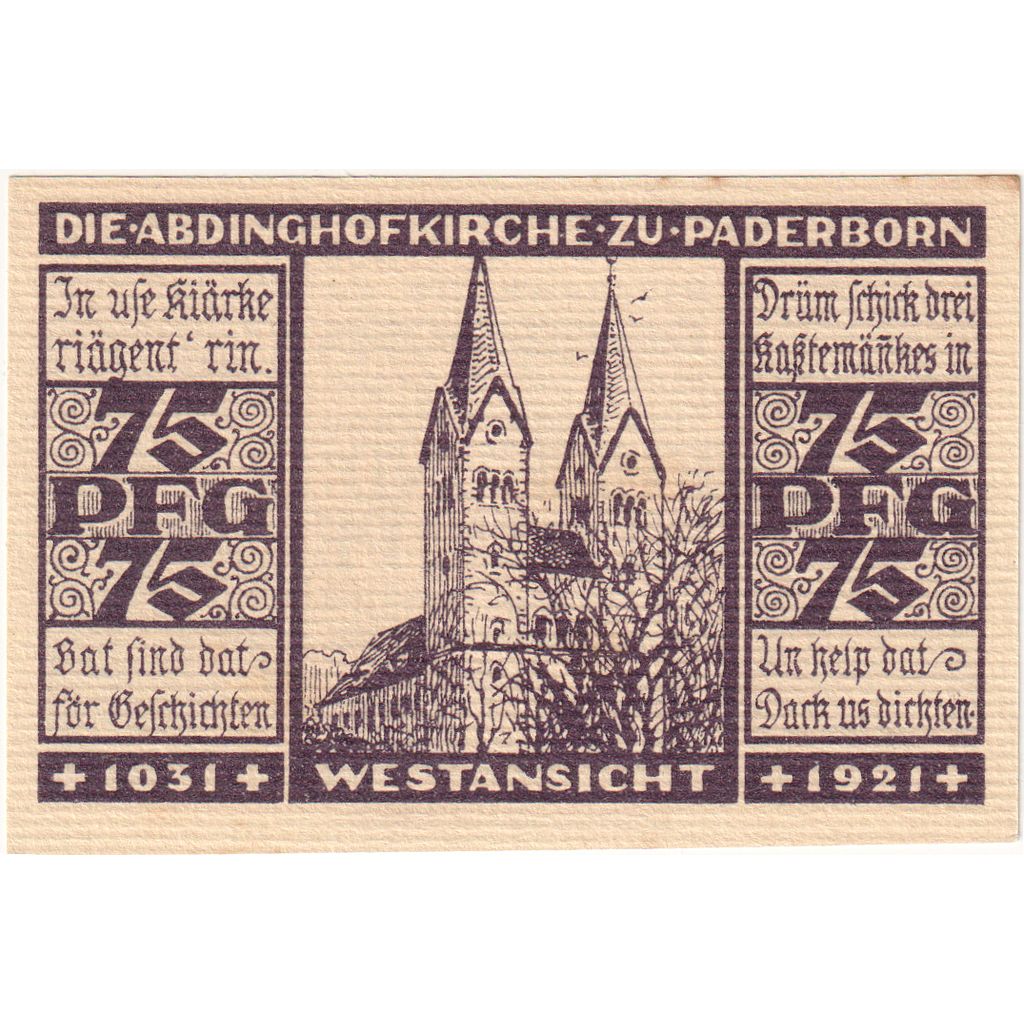 Alemania, Paderborn, 75 Pfennig, 1921-07-31, EBC+