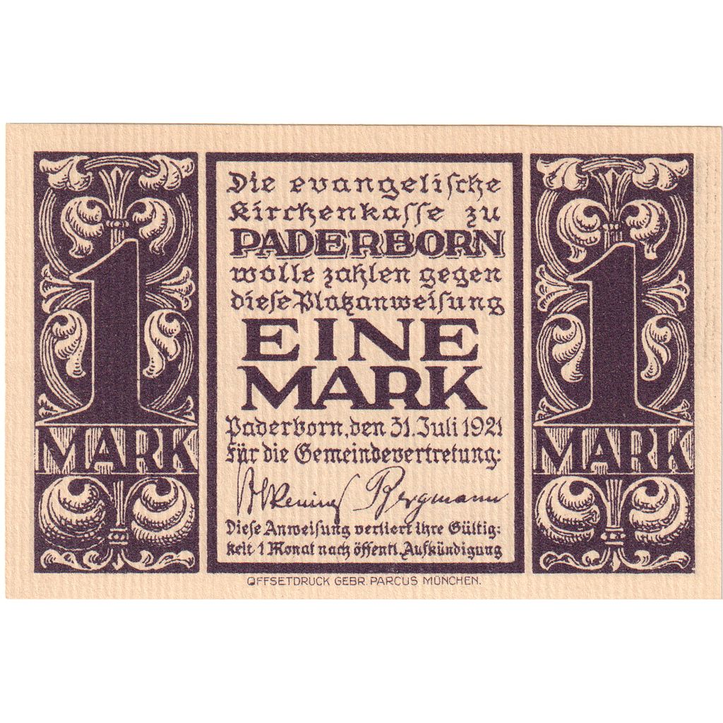 Alemania, Paderborn, 1 Mark, 1921-07-31, SC