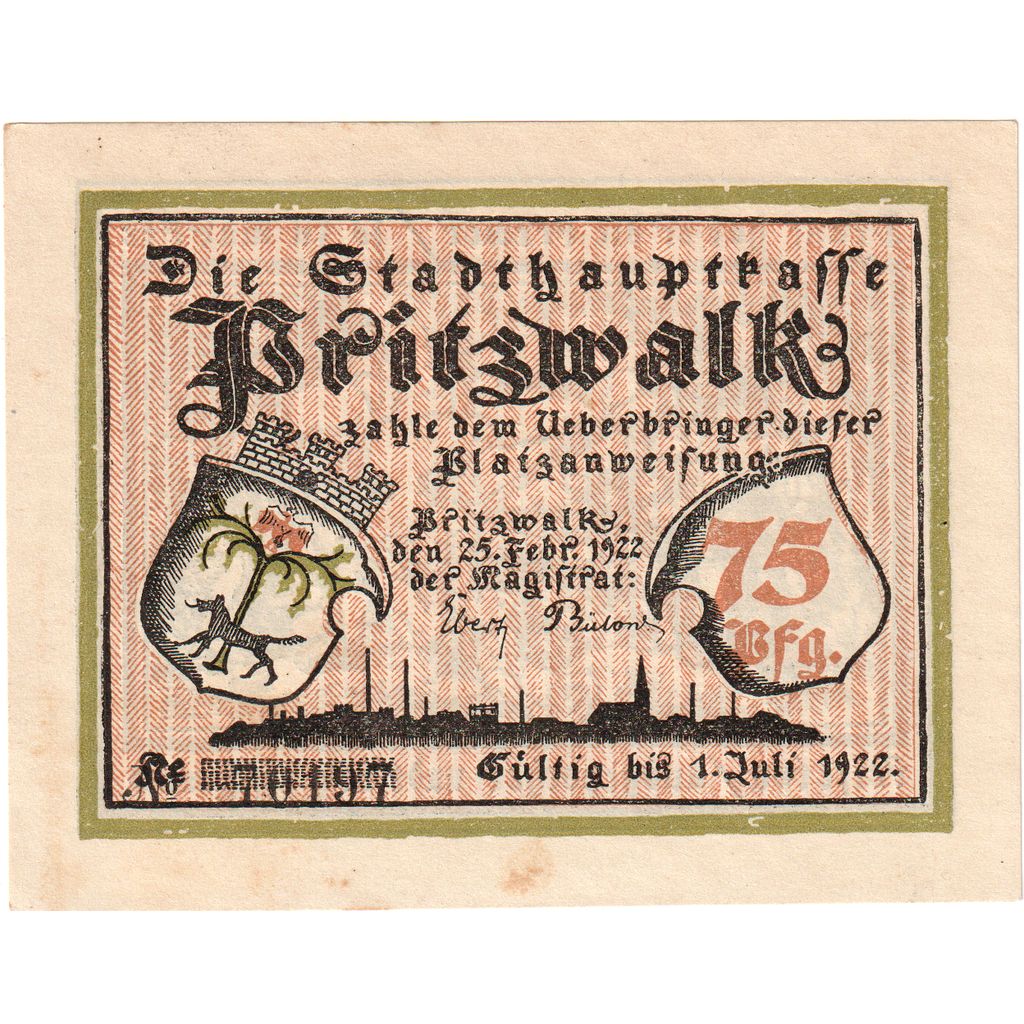 Allemagne, Pritzwalk, 75 Pfennig, 1922-07-01, SPL