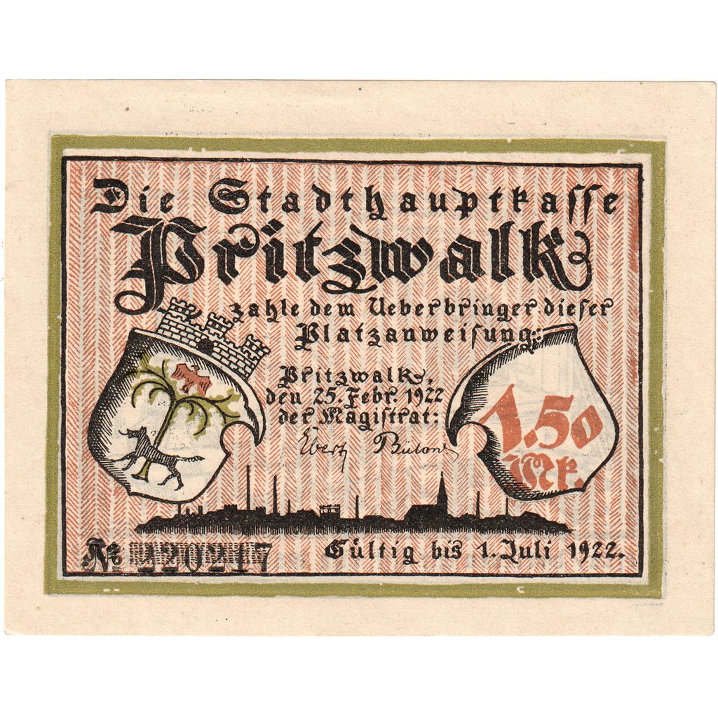 Allemagne, Pritzwalk, 1.5 Mark, 1922-07-01, SPL
