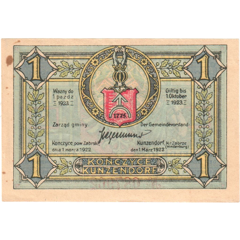 Niemcy, Kunzendorf, 1 Mark, 1923-10-01, AU(55-58)