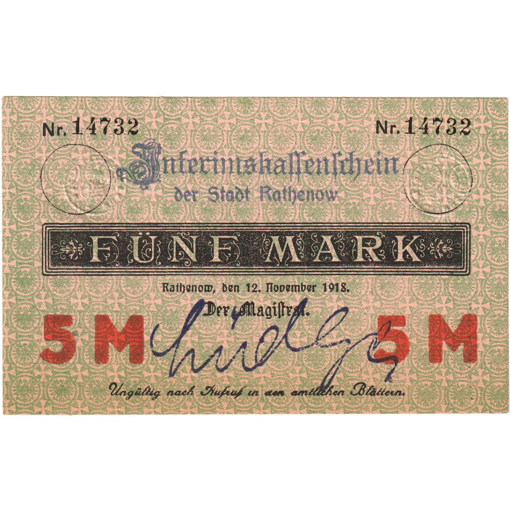 Alemanha, Rathenow, 5 Mark, 1918-11-12, UNC(63)
