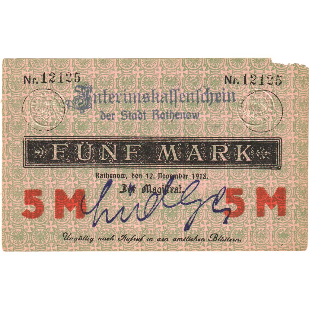 Alemanha, Rathenow, 5 Mark, 1918-11-12, EF(40-45)