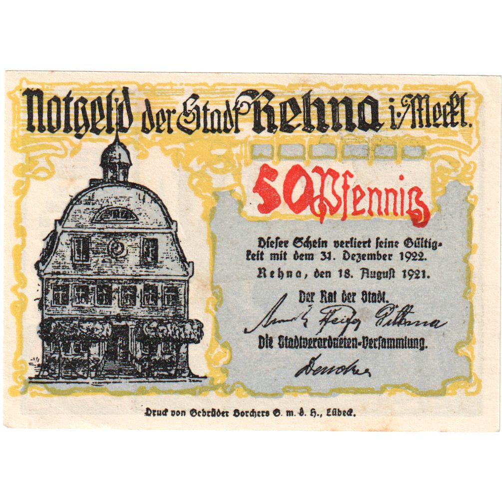 Allemagne, Rehna, 50 Pfennig, 1921-08-18, SPL