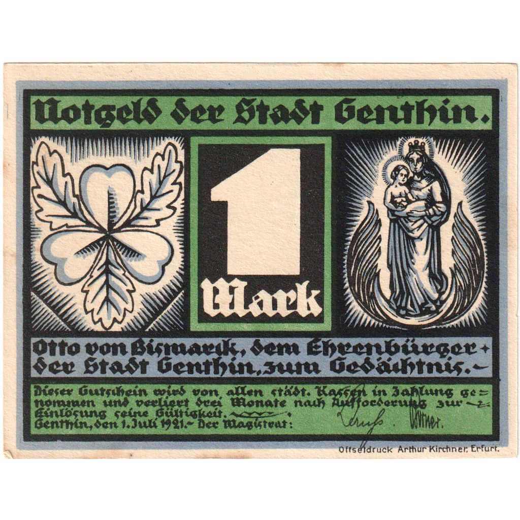 Alemania, Genthin, 1 Mark, 1921-07-01, EBC
