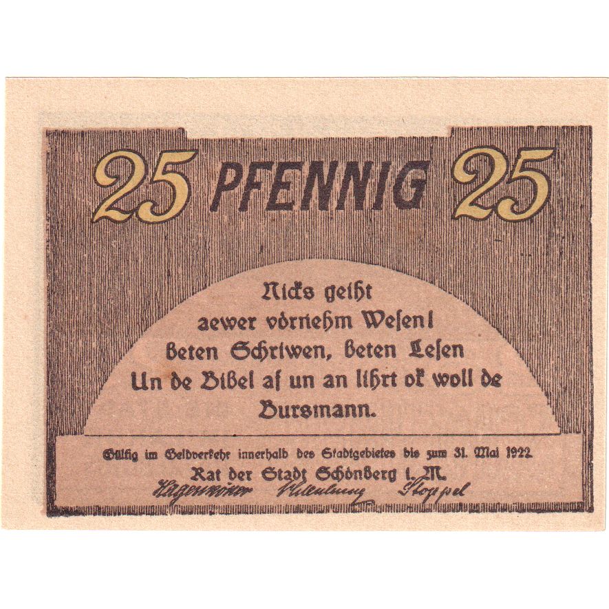 Alemania, Schoenberg, 25 Pfennig, 1922-05-31, SC