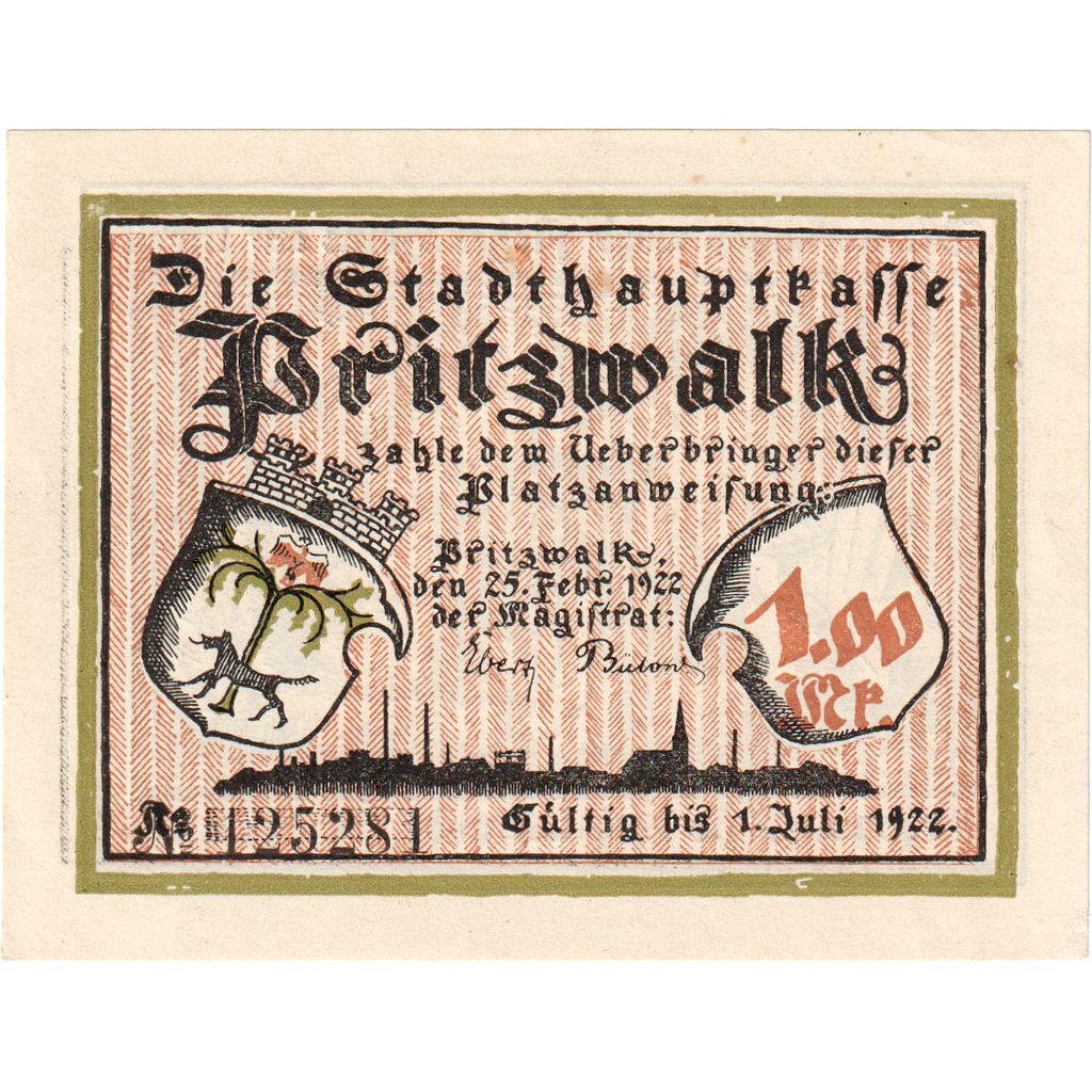Alemania, Pritzwalk, 1 Mark, 1922-07-01, SC