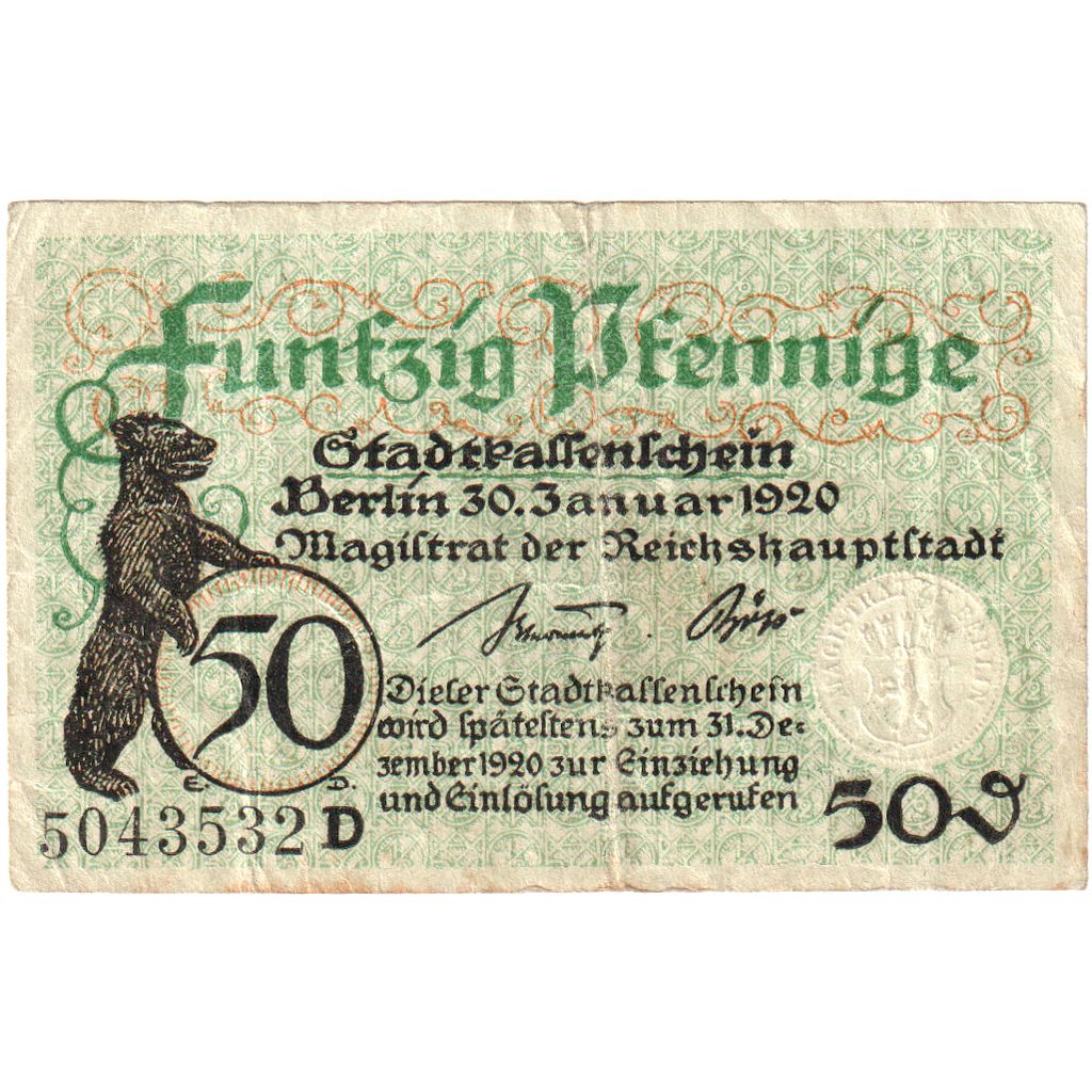 Alemanha, Berlin, 50 Pfennig, 1920-12-31, VF(20-25)