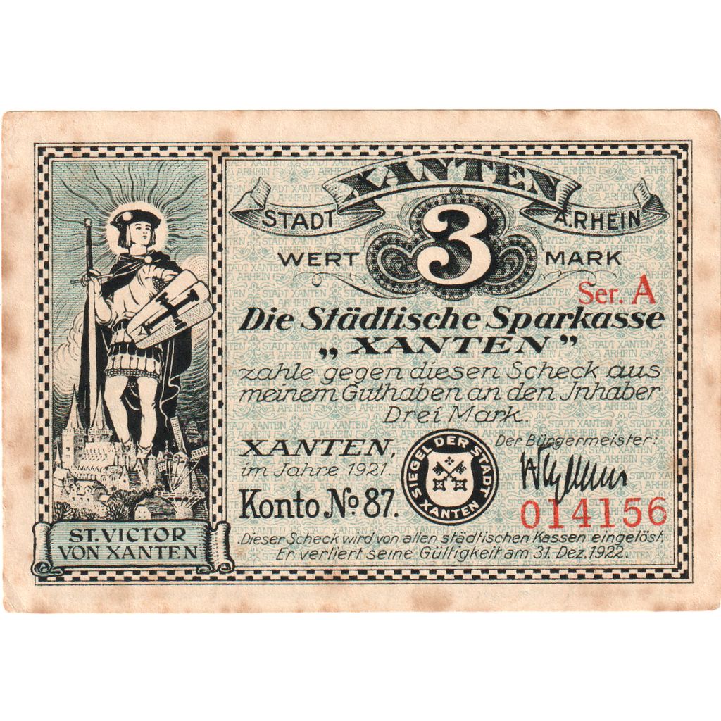 Deutschland, Xanten, 3 Mark, 1922-12-31, SS