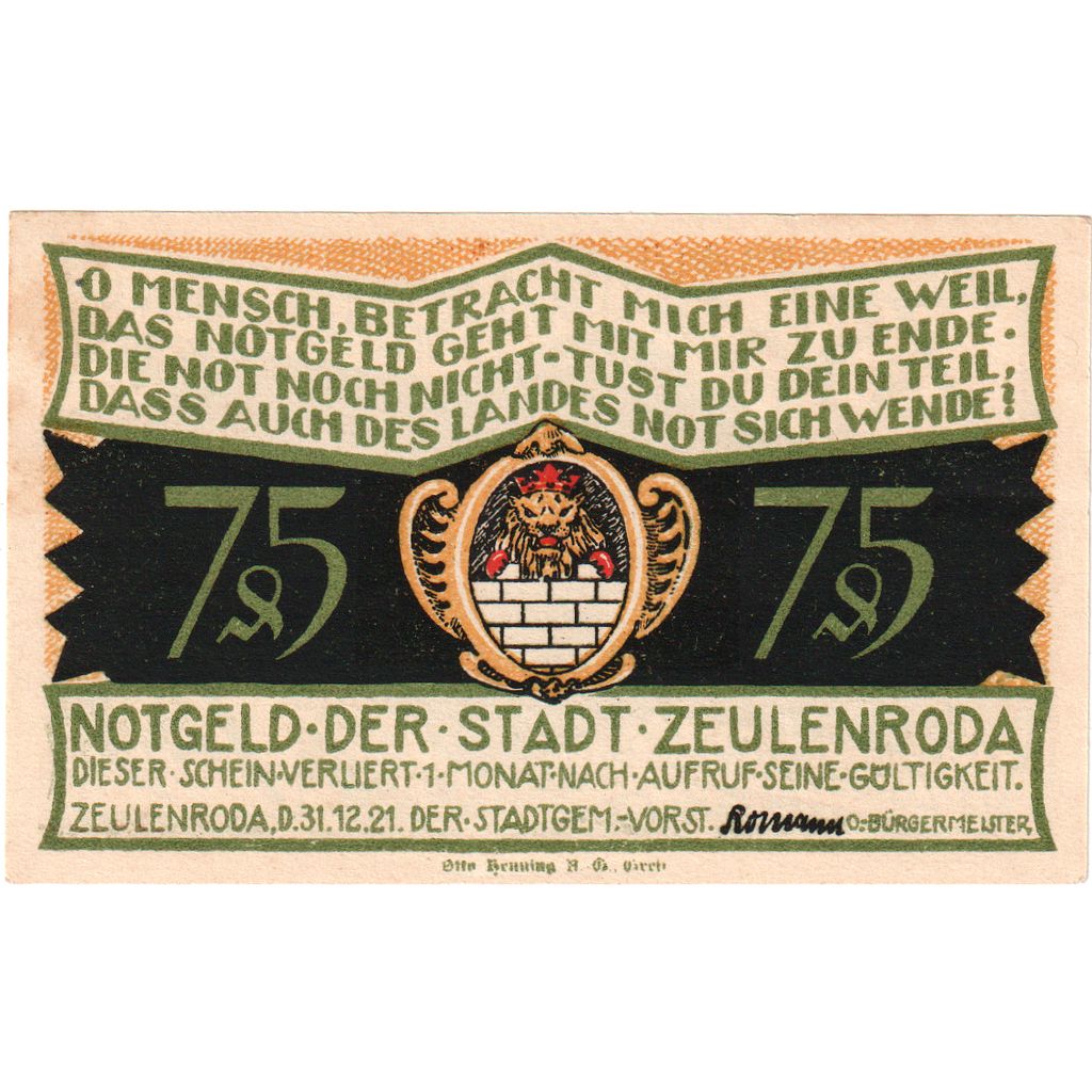 Alemania, Zeulenroda, 75 Pfennig, 1921-12-31, SC