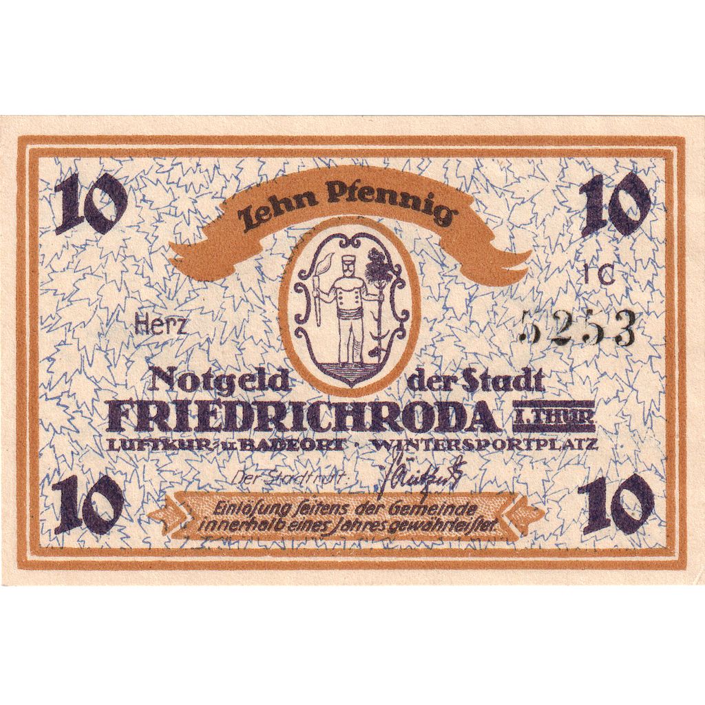 Allemagne, Friedrichroda Stadt, 10 Pfennig, SPL