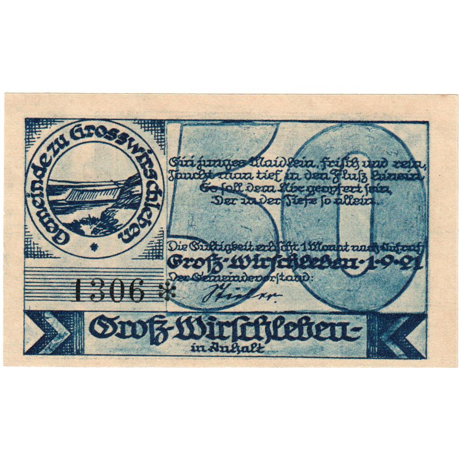 Allemagne, Gross-Wirschleben, 50 Pfennig, 1921-09-01, SPL
