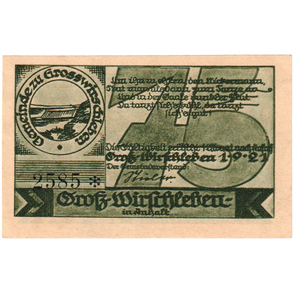Allemagne, Gross-Wirschleben, 75 Pfennig, 1921-09-01, SPL