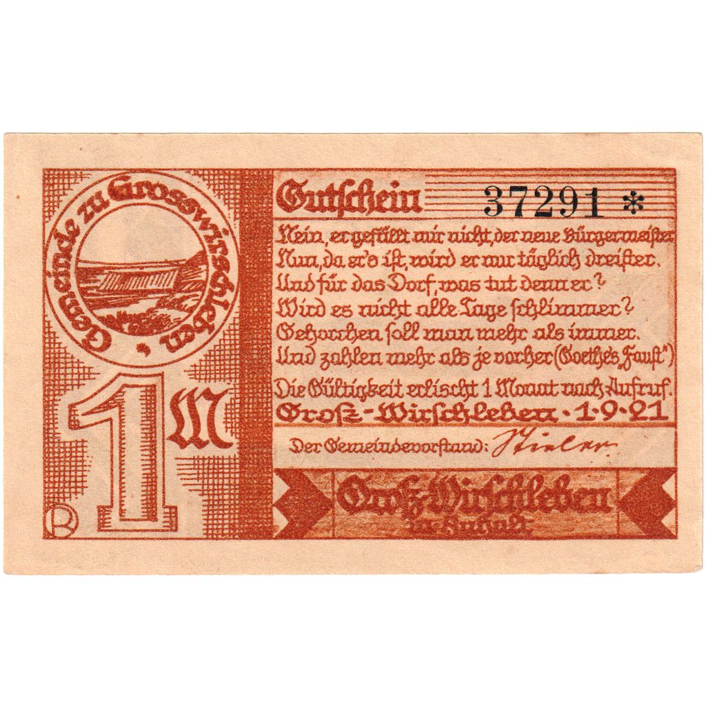 Allemagne, Gross-Wirschleben, 1 Mark, 1921-09-01, SPL