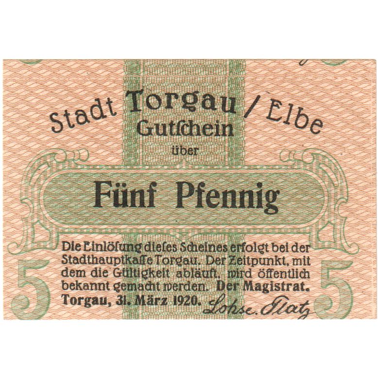 Alemanha, Torgau, 5 Pfennig, UNC(63)