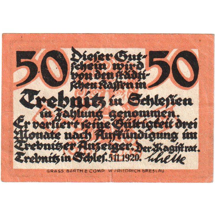 Alemanha, Trebnitz, 50 Pfennig, 1920-11-05, UNC(63)