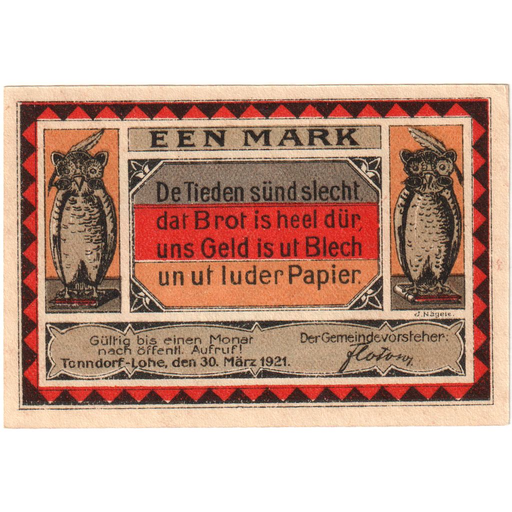Germany, Tonndorf - Lohe, 1 Mark, 1921-03-30, UNC(63)