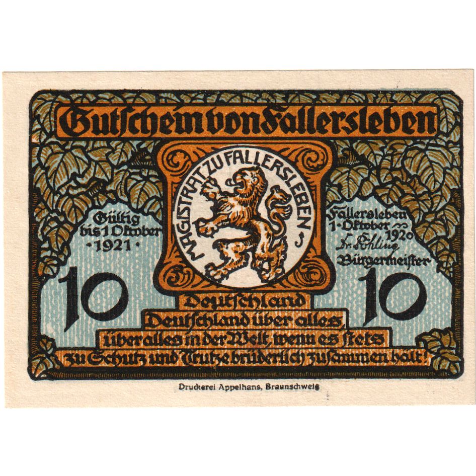 Allemagne, Fallersleben, 10 Pfennig, 1921-10-01, SPL