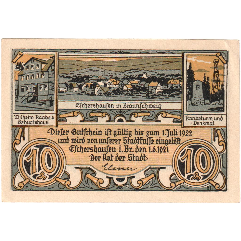 Germany, Eschershausen, 10 Pfennig, 1921-06-01, UNC(63)