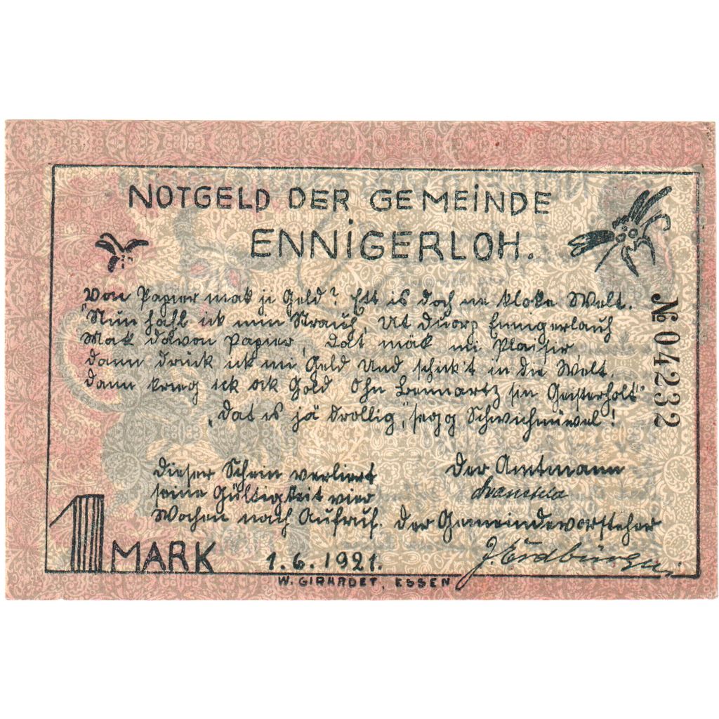 Germania, Ennigerloh, 1 Mark, 1921-06-01, SPL