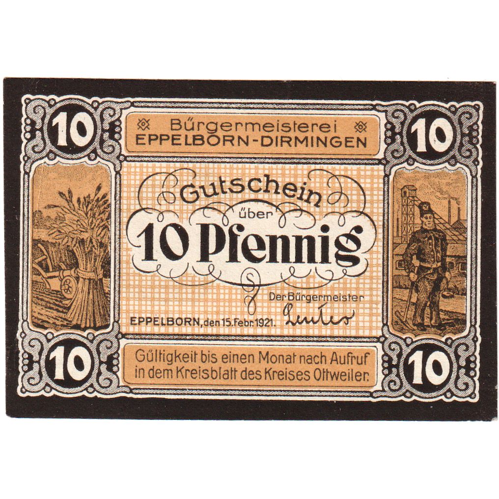 Germany, Eppelborn dirmingen, 10 Pfennig, 1921-02-15, UNC(63)