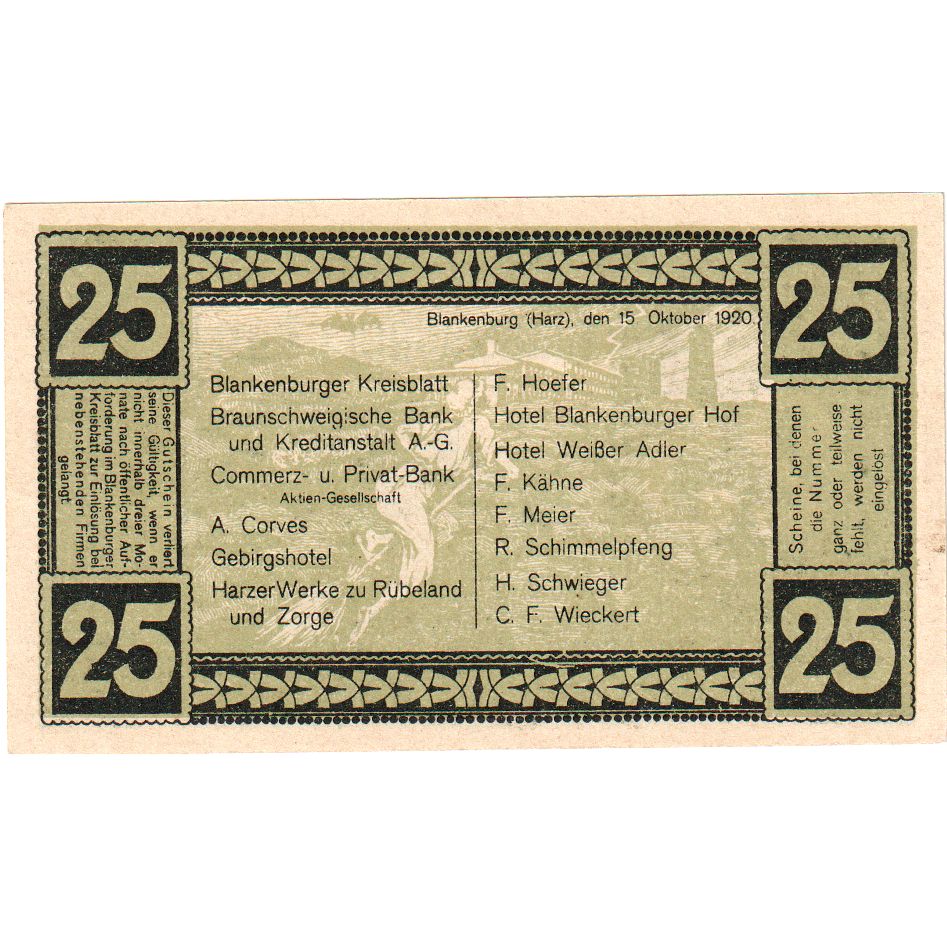 Alemanha, Blankenburg, 25 Pfennig, 1920-10-15, UNC(63)