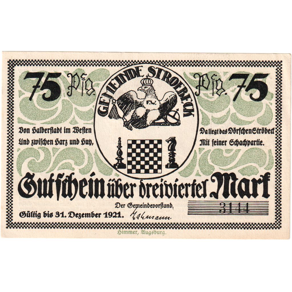 Germania, Stroebeck, 75 Pfennig, 1921-12-31, SPL