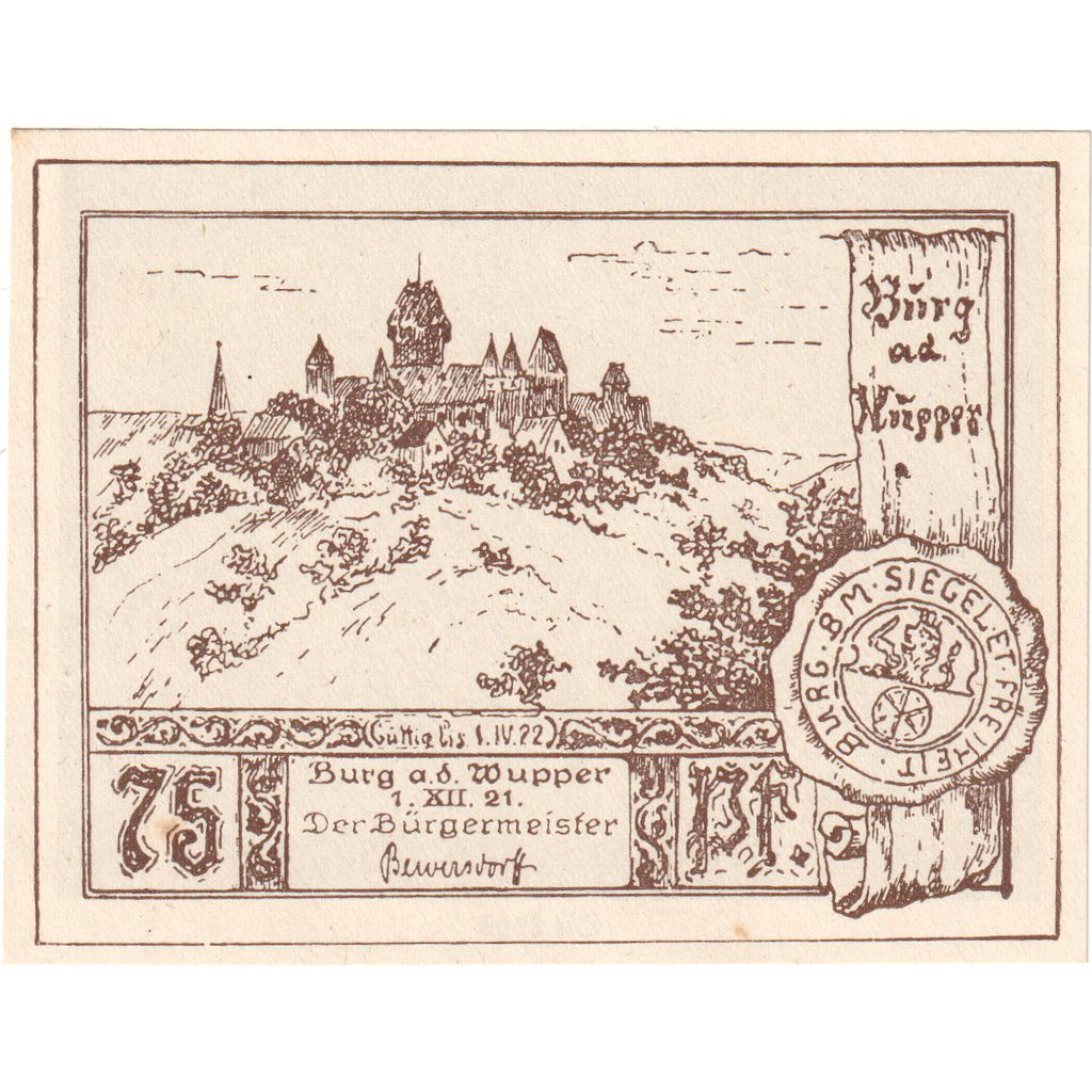 Germany, Burg an der Wupper, 75 Pfennig, 1921-12-01, UNC(63)