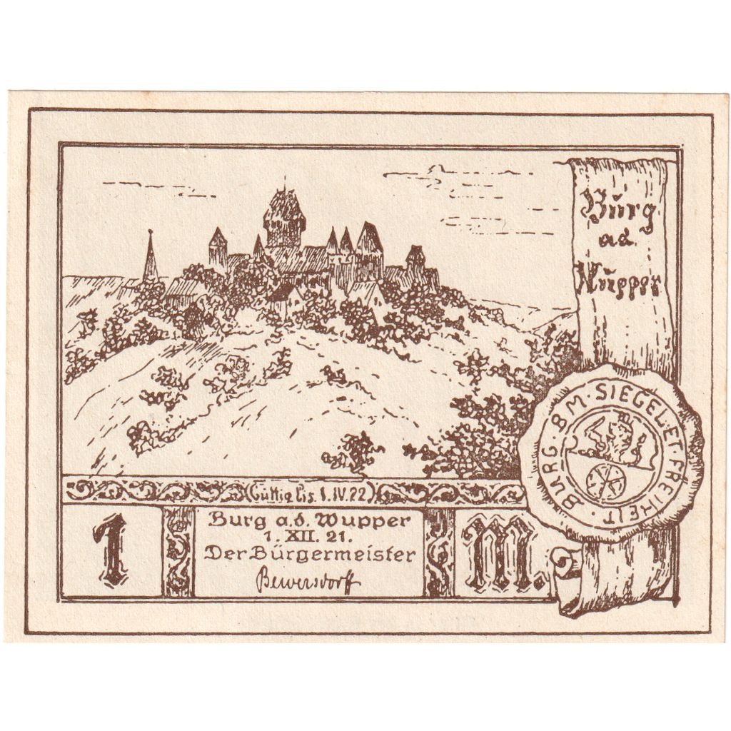 Germany, Burg an der Wupper, 1 Mark, 1921-12-01, AU(55-58)