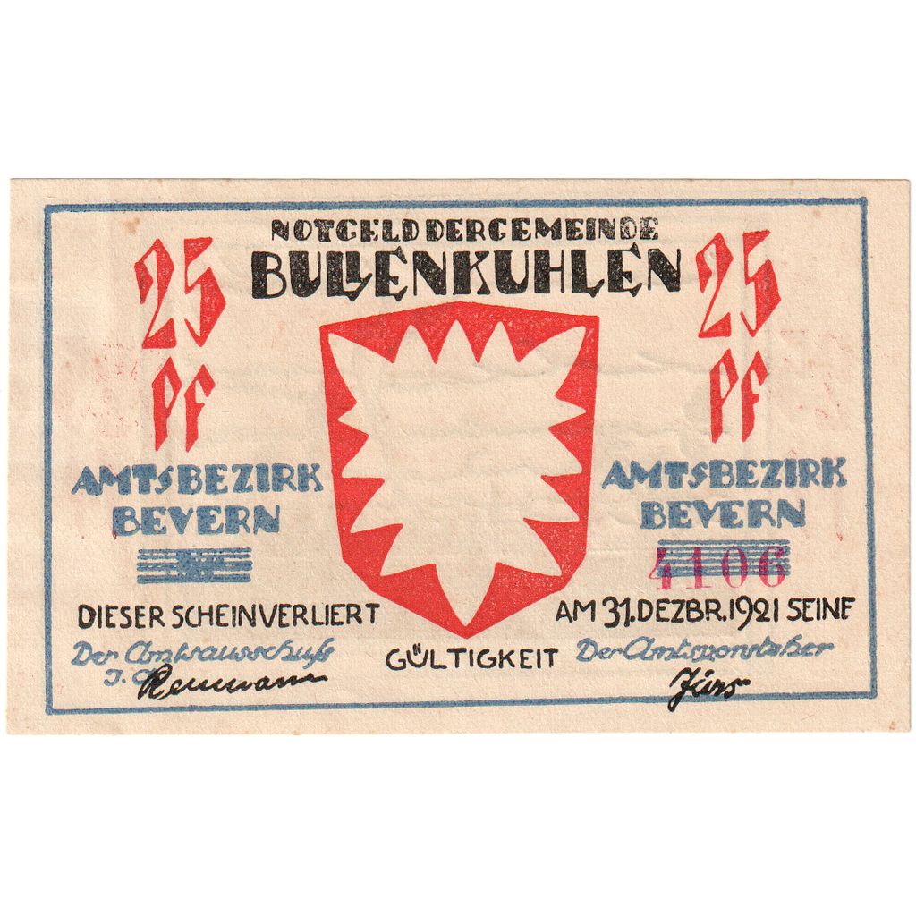 Germany, Bullenkuhlen, 25 Pfennig, 1921-12-31, UNC(63)