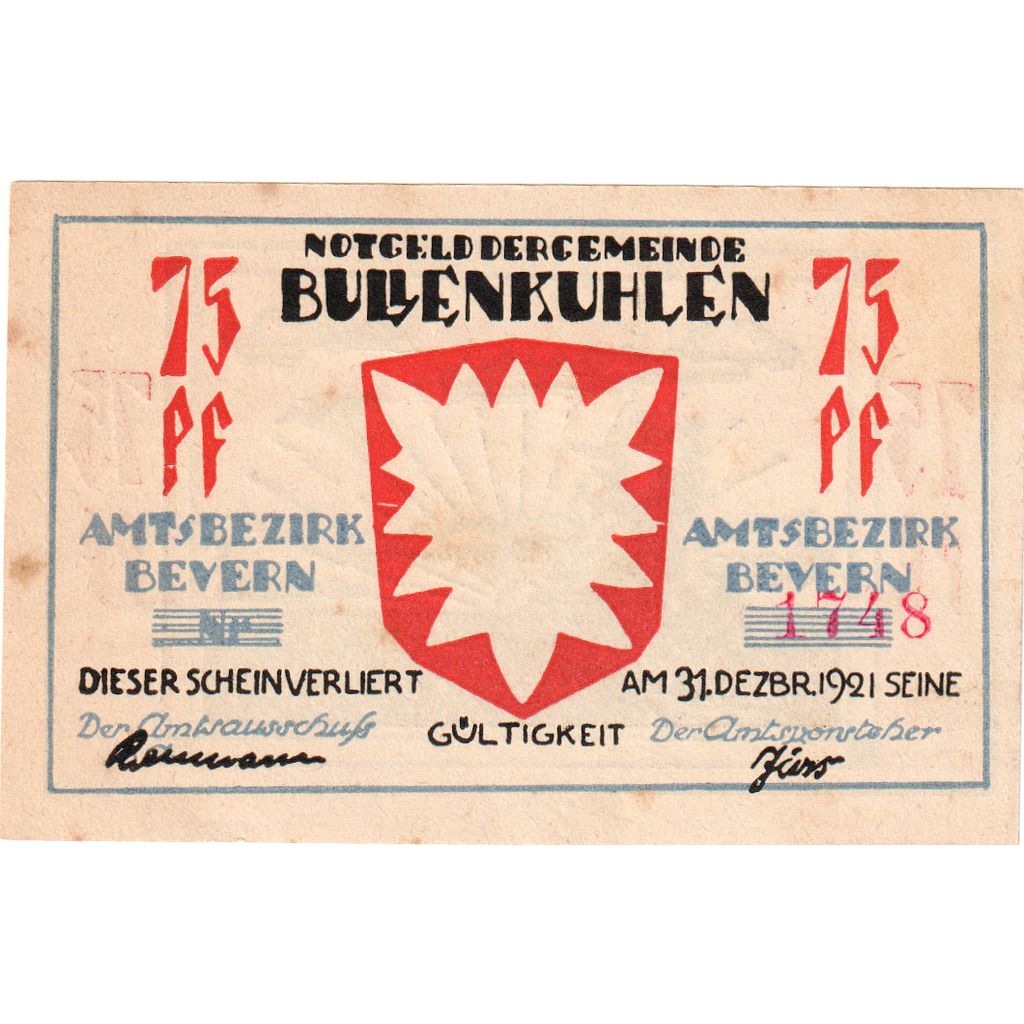 Alemania, Bullenkuhlen, 75 Pfennig, 1921-12-31, MBC